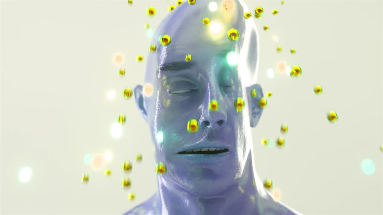 divertida animación 3d de una cara suave arrugada. el rostro humano está arrugado. concepto de descanso y relajación. una ducha de esferas se derrama sobre mi cabeza. renderizado 3d de bucle sin costuras.