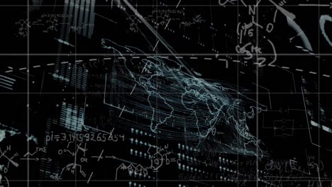 animación de ecuaciones matemáticas y procesamiento de datos sobre el mapa del mundo