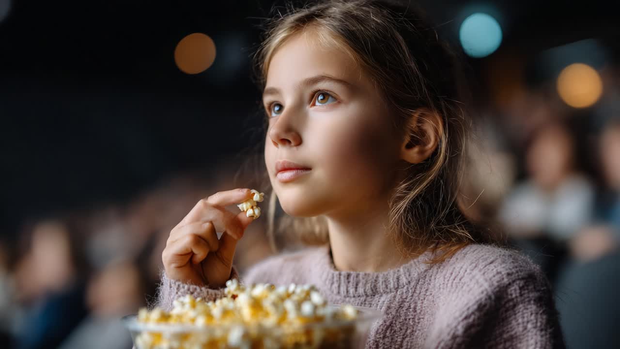 Una giovane ragazza rapita dall'esperienza cinematografica, che gusta popcorn in un cinema scarsamente illuminato con un'espressione concentrata, circondata da altri spettatori