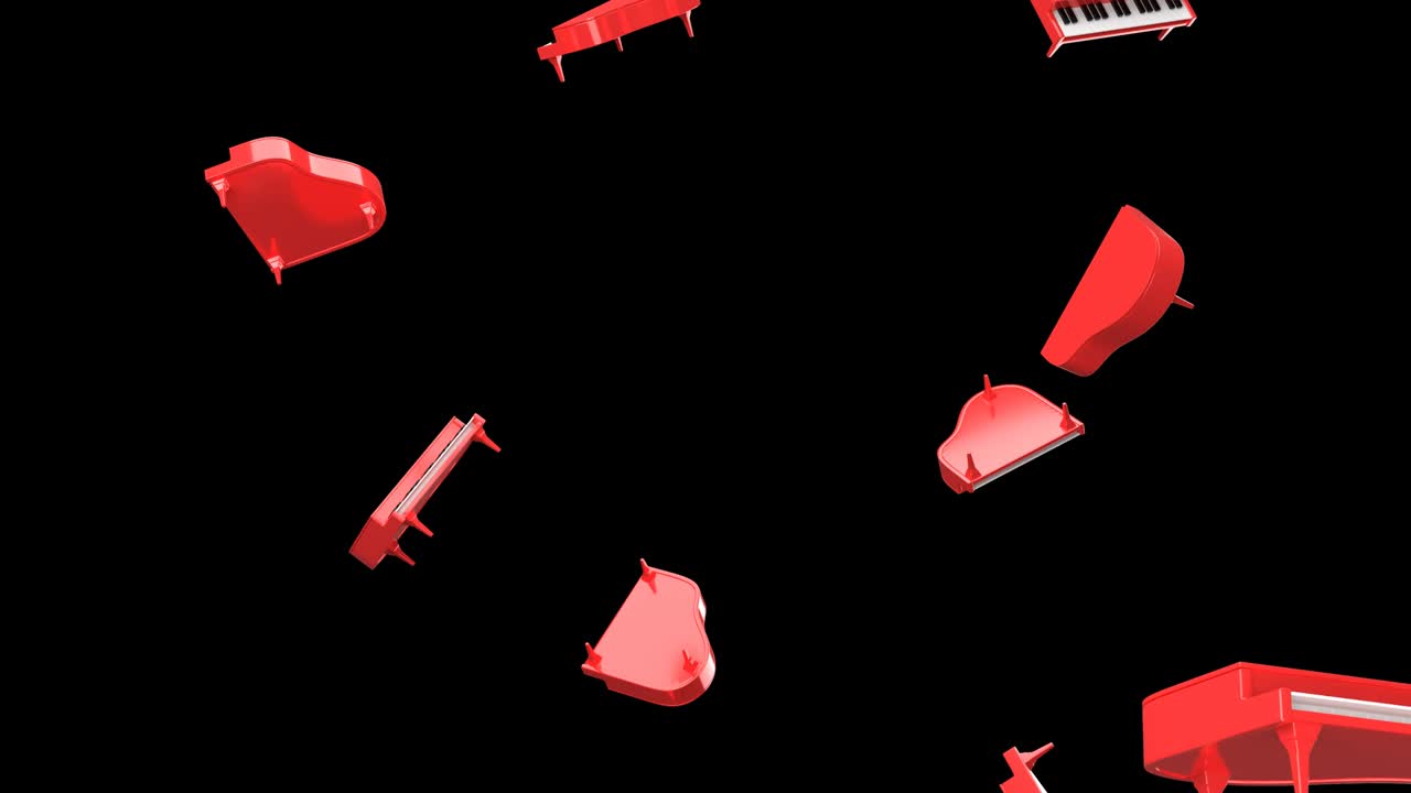 검은 바탕에 빨간 피아노가 날고 있습니다.
