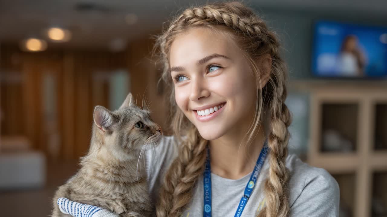 A Young Woman with a Warm Smile and Braided Hair Holding a Beautiful Cat in a Cozy Indoor Setting, Conveying Love and Companionship with Her Furry Friend