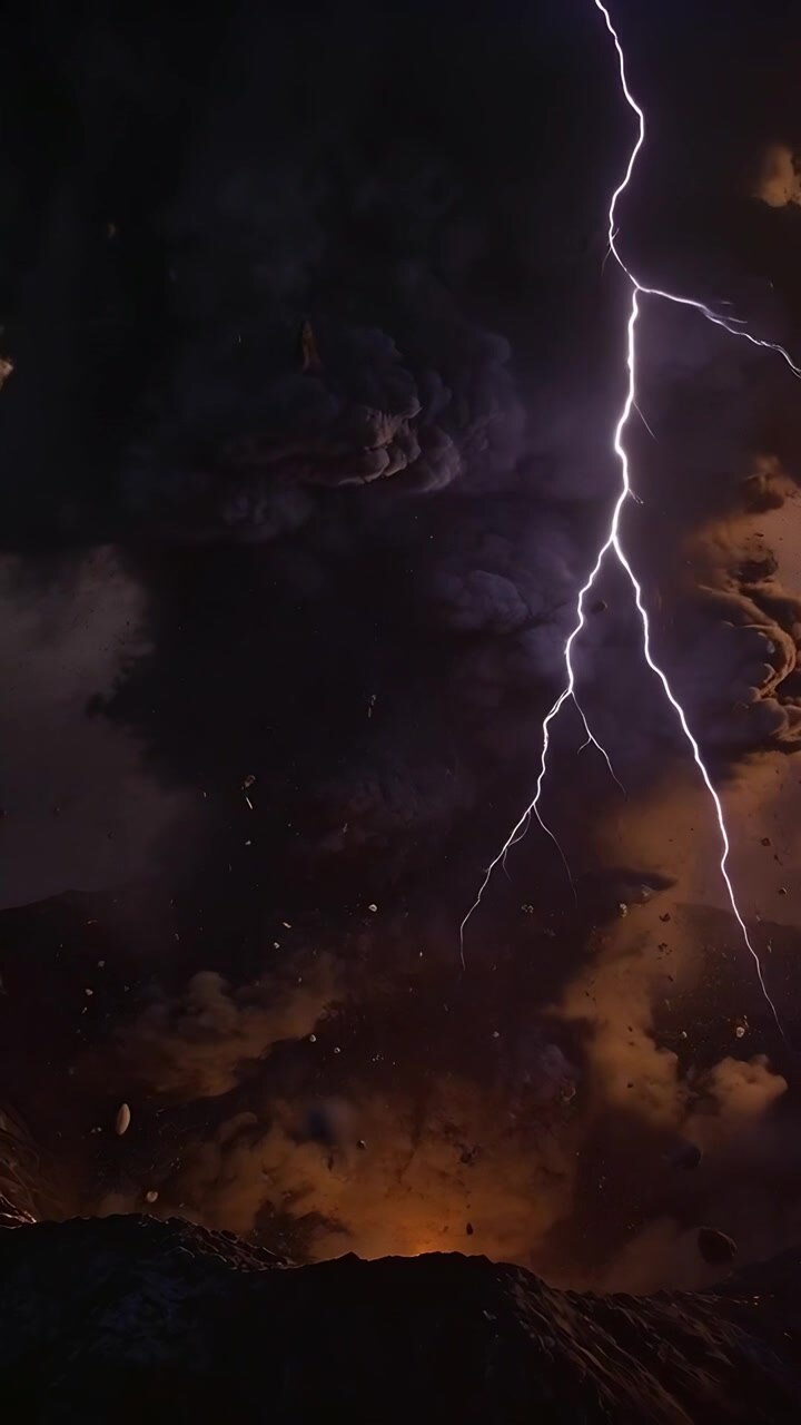 Video verticale: Canale frastagliato in discesa che provoca fulmini che colpiscono la cresta rocciosa, inviando braci.