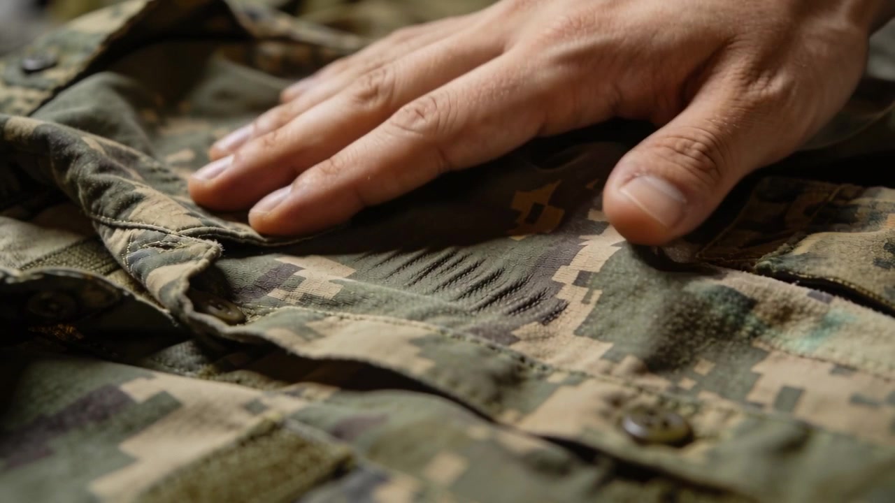 Posizionando le mani per controllare una giacca in stile militare sul banco da lavoro, sollevando la patta in velcro per l'ispezione.