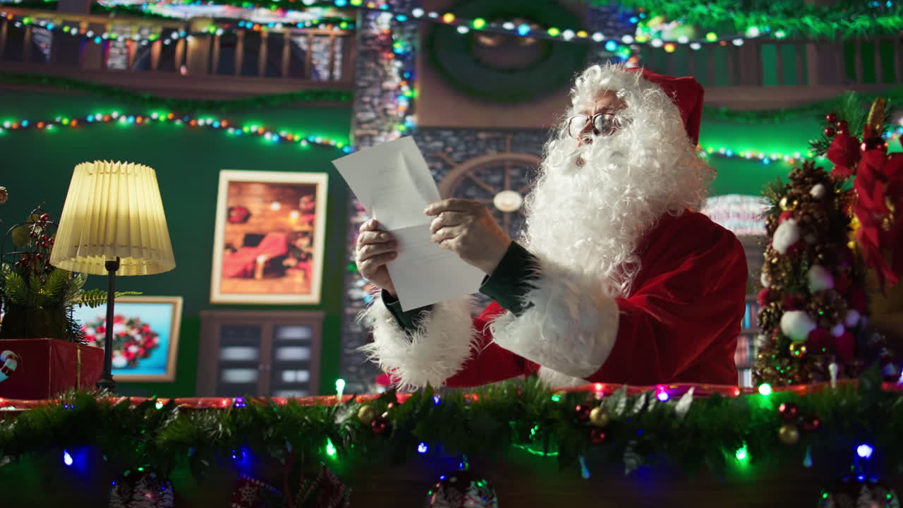 Santa Claus in his workshop reading letters near a decorated Christmas tree