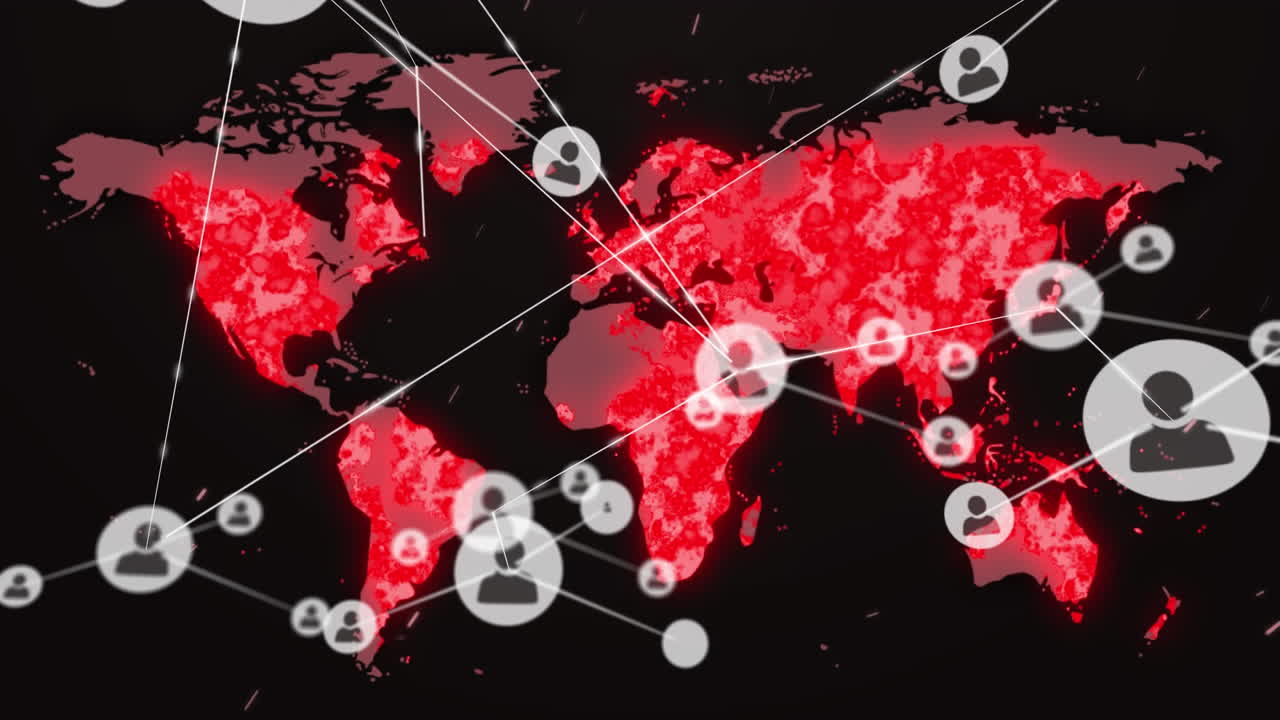 red de iconos digitales contra el mapa del mundo