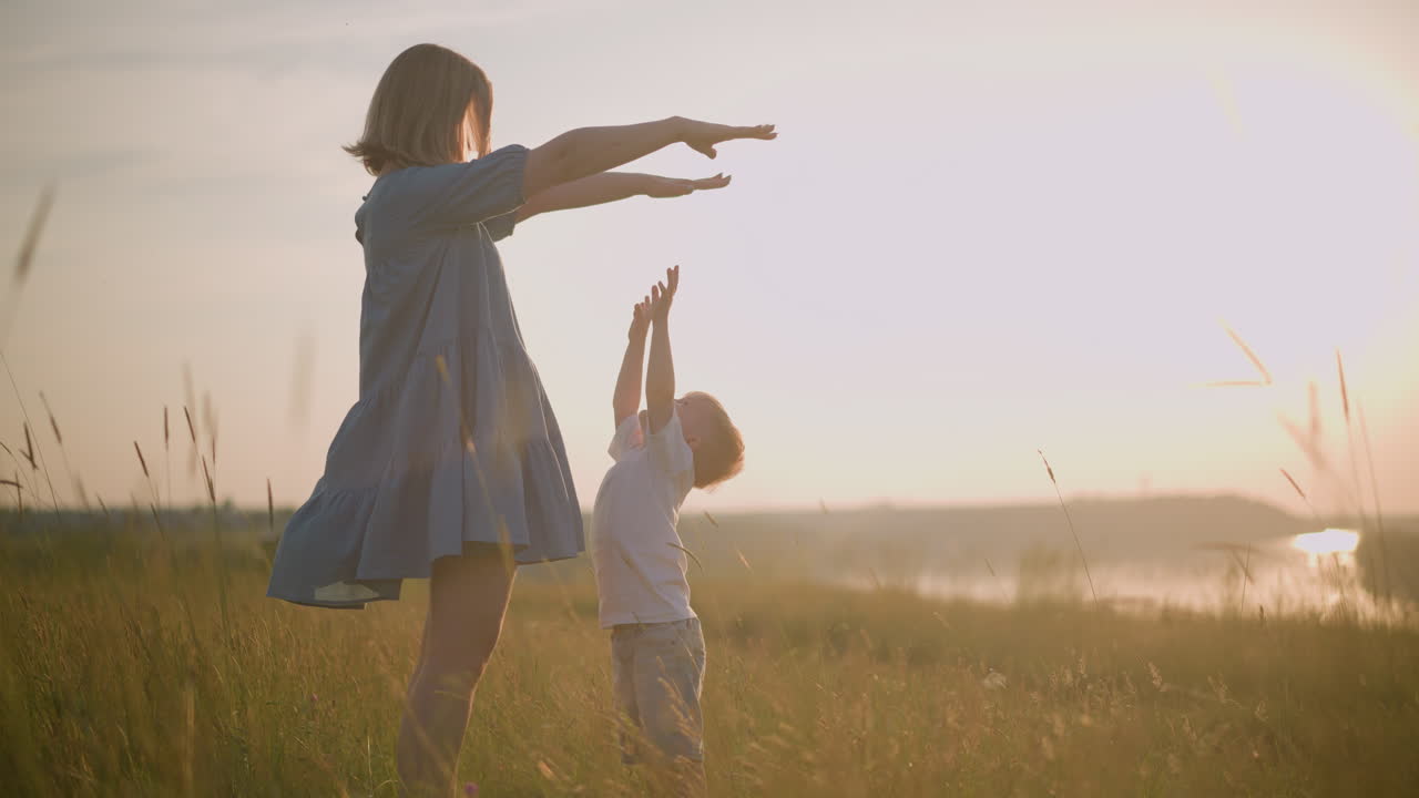 una tierna escena de una madre con un vestido azul que fluye levantando los brazos mientras su hijo pequeño, vestido con una camiseta blanca, se extiende ansiosamente para conocer sus manos. se paran en un campo de hierba pacífico y iluminado por el sol