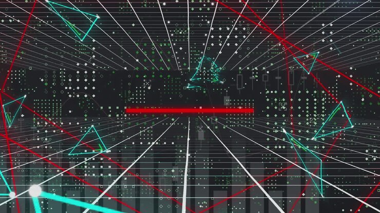 Animation of shapes over data processing on black background