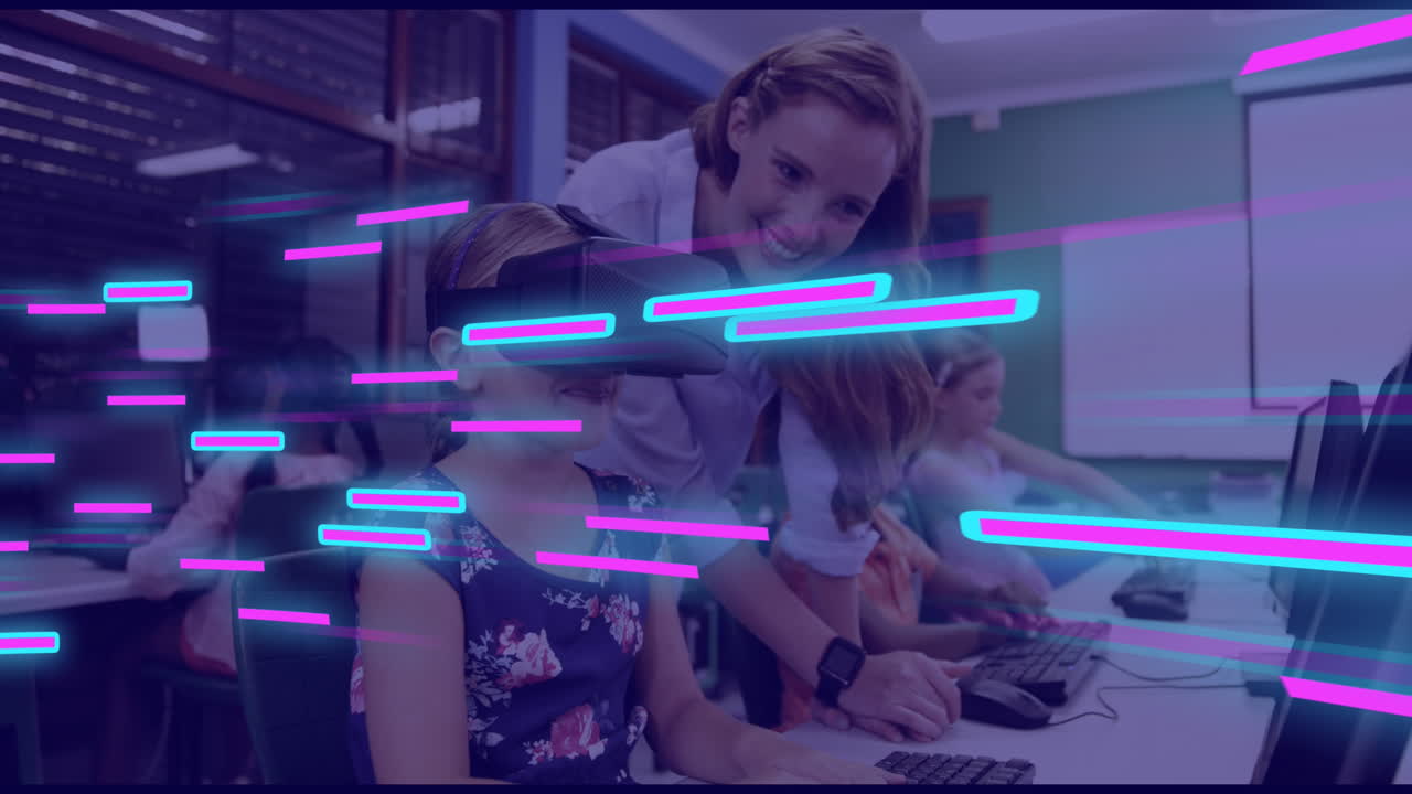 animación de rastros de luz brillante de la transferencia de datos sobre mujer caucásica en auriculares vr