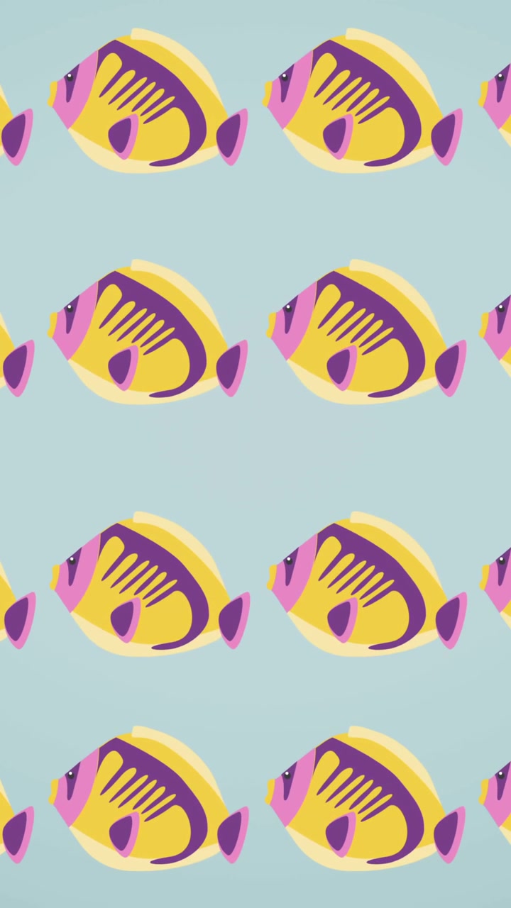 Animation of rows of tropical fish with copy space on blue background