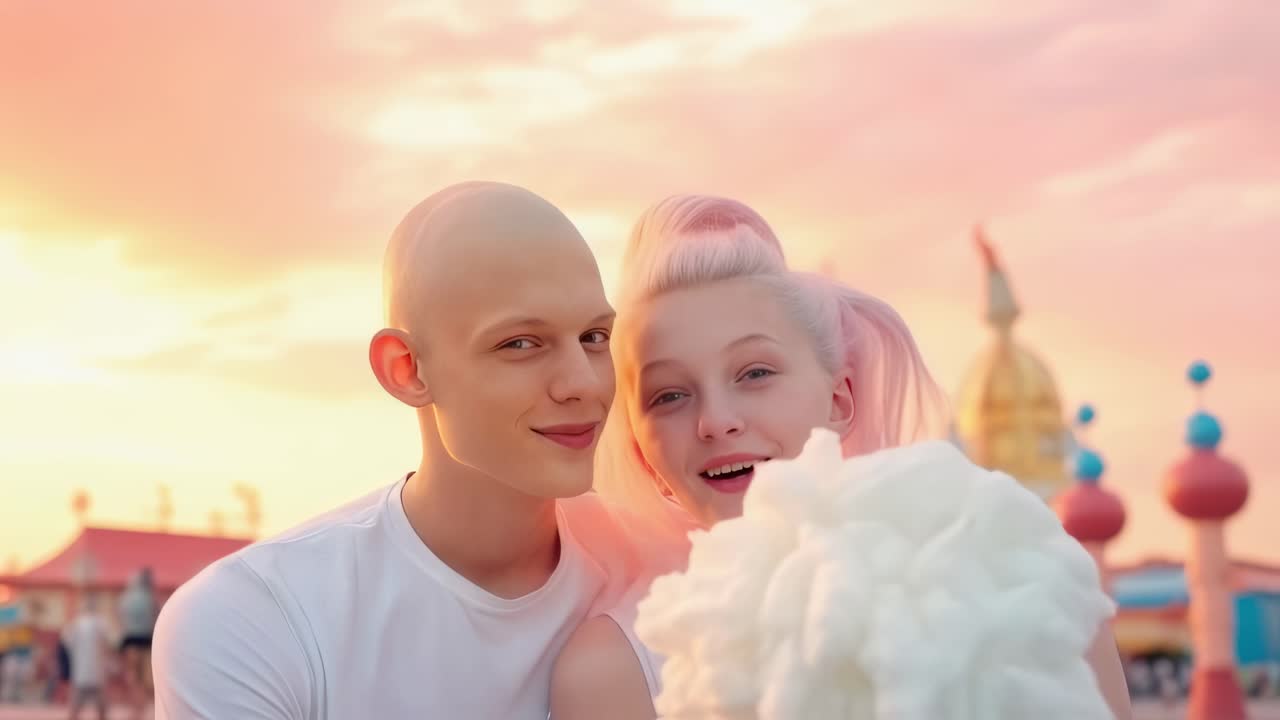 Young bald man and pink haired woman enjoying cotton candy together at amusement park, with colorful attractions and sunset sky in background, creating romantic and joyful atmosphere