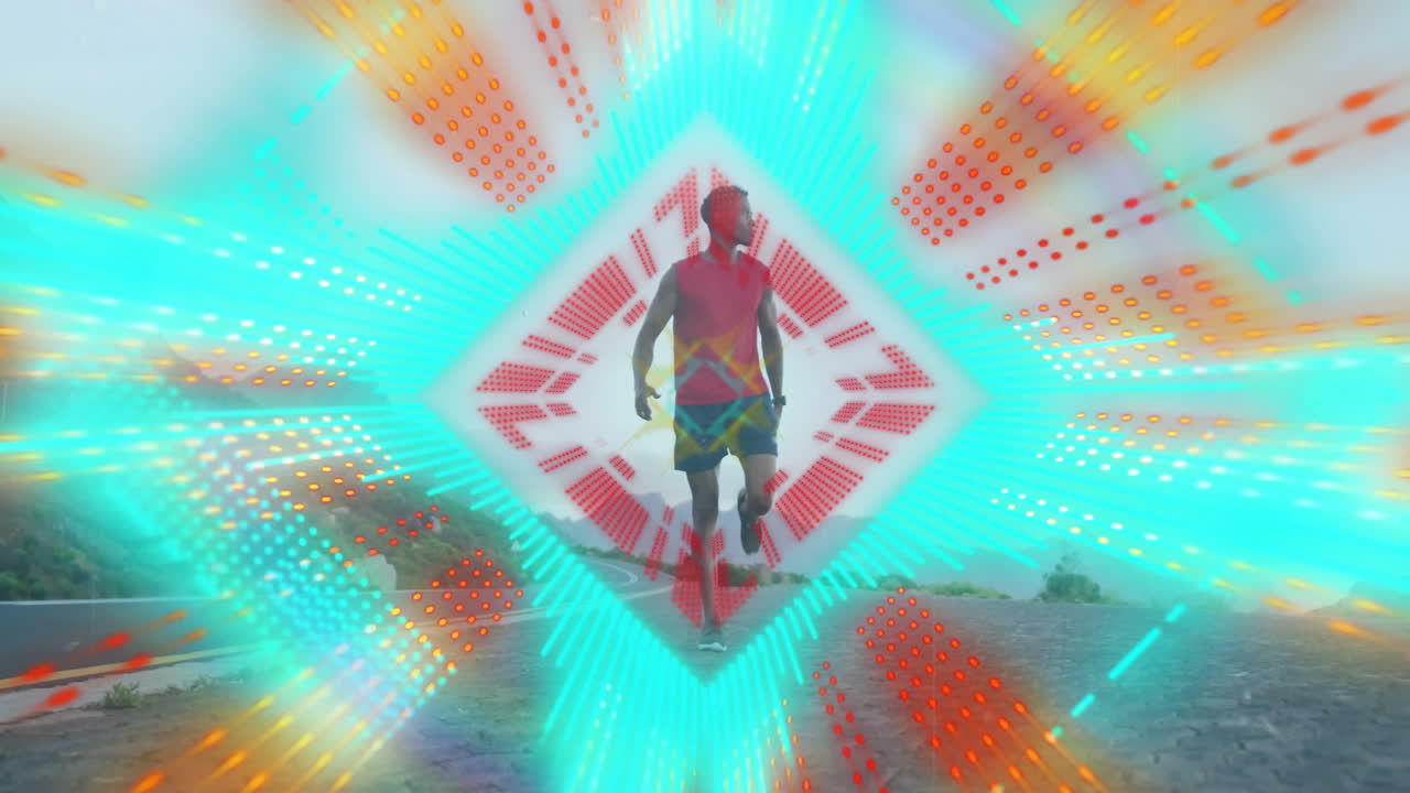 Runner on road with colorful geometric animation and rainbow effect