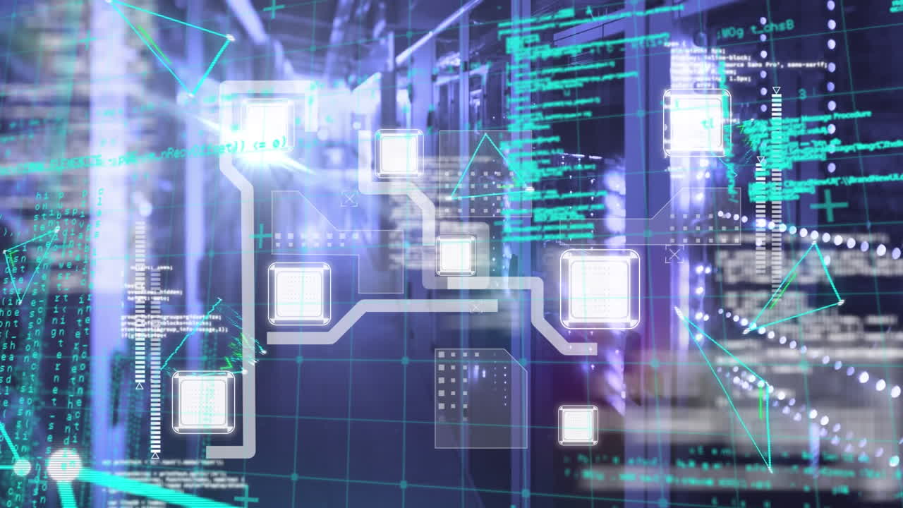 animación del procesamiento de datos y la red de conexiones a través de la sala de servidores