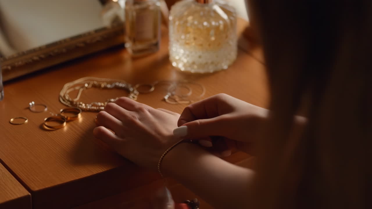 Close-up of hands putting on gold jewelry on a dressing table