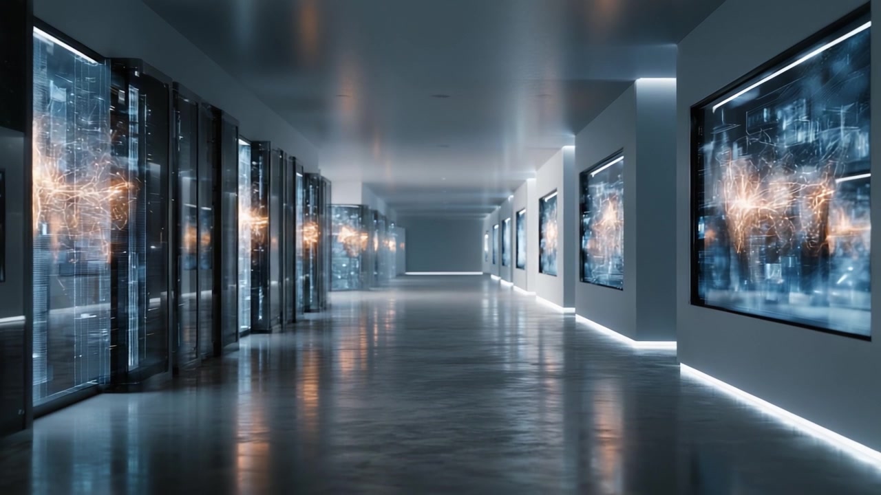 Ein futuristischer Korridor mit leuchtenden Displays und elegantem Design, der eine fortschrittliche technologische Umgebung voller lebendiger visueller Datenrepräsentation zeigt