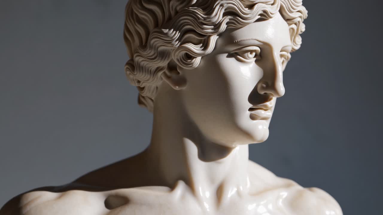 Close-up video of a classical marble statue, showcasing intricate details and textures