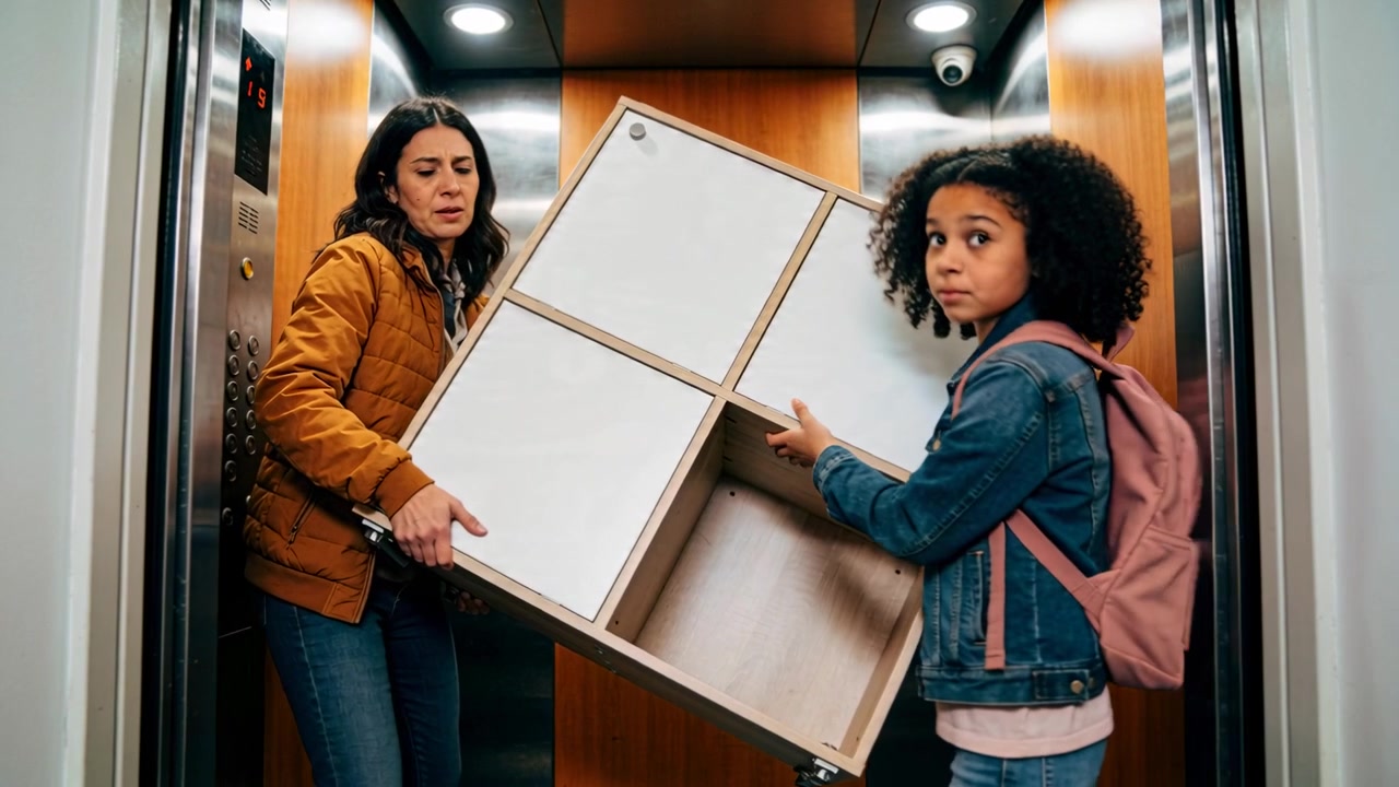 Door opening, mother in brown jacket and child maneuvering shelf inside elevator, steadying to move