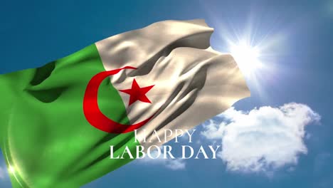 Animation-of-happy-labor-day-text-over-algerian-flag-and-blue-sky