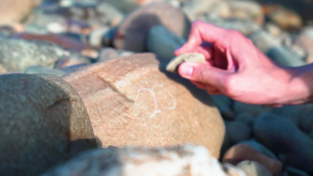 Scratching on the stone pebble using a stone writing, low angle close up