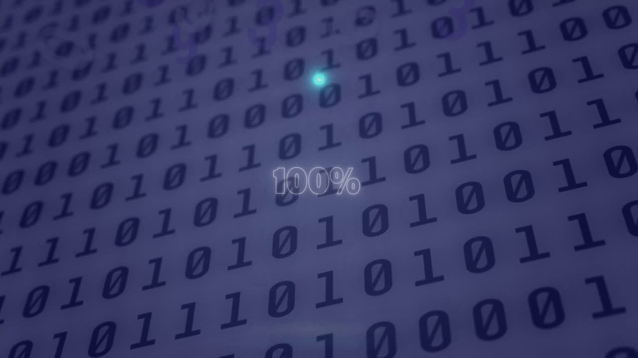 Animation of neon circle with 100 percent over binary code