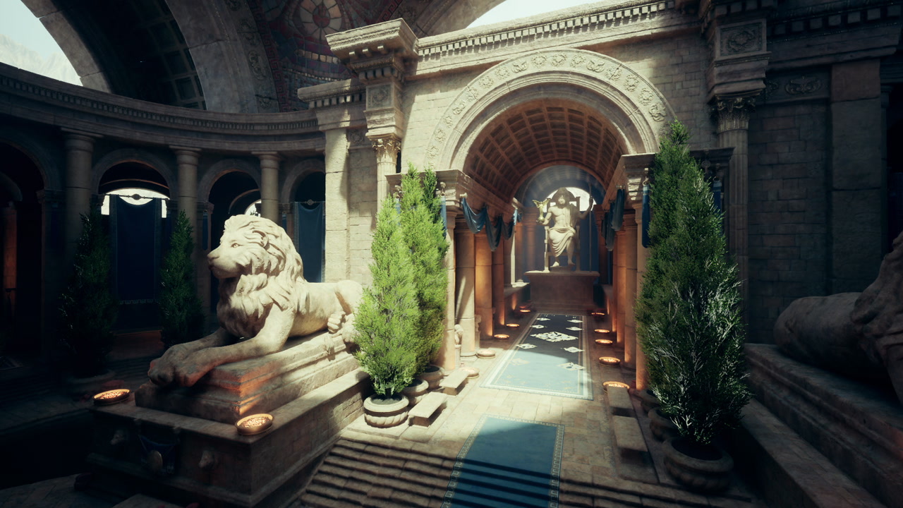 Sophisticated hotel entry showcasing marble statues and elegant arches