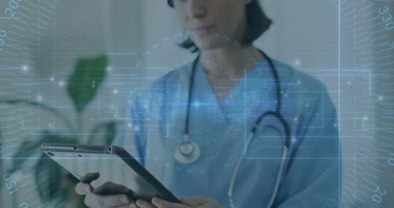 Video vertical: Enfermera tocando la tableta, revelando datos del paciente y usando un HUD azul para su revisión.
