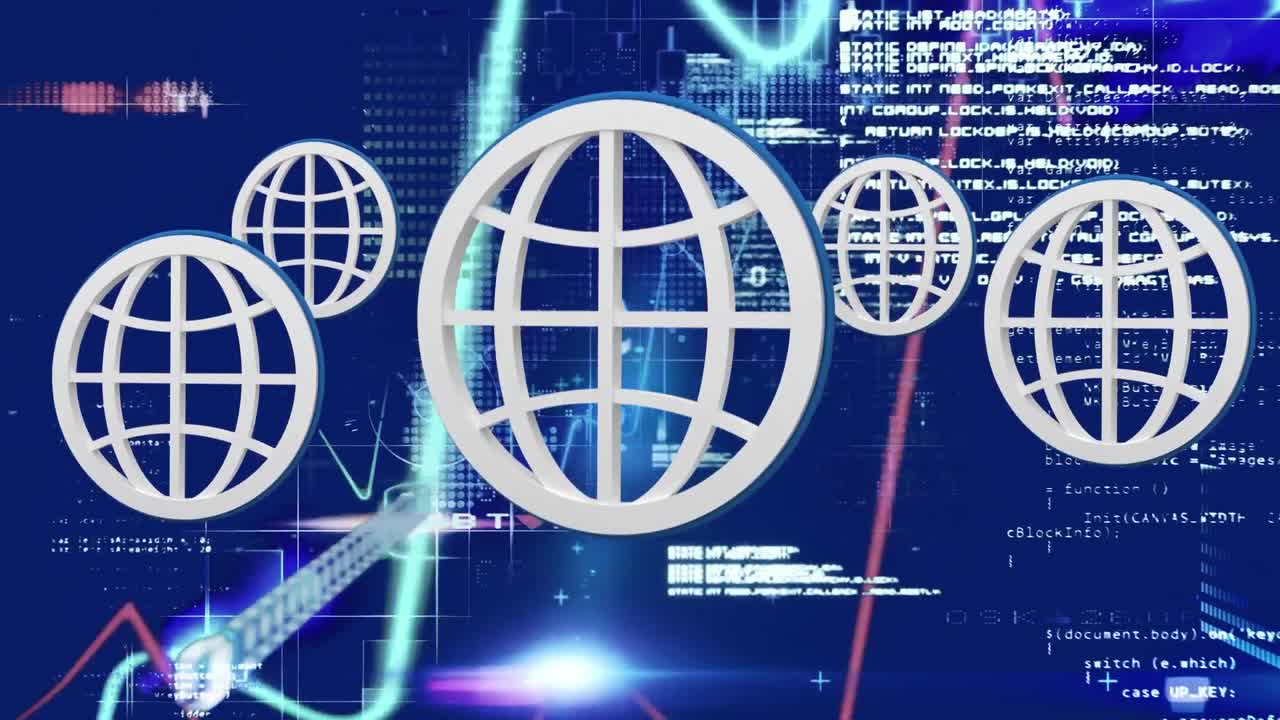 Digital animation of multiple web icons floating against data processing on blue background