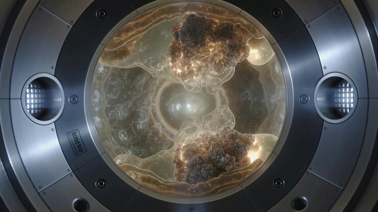 Abstrakt biologisk vækst inde i et futuristisk cirkulært observationskammer