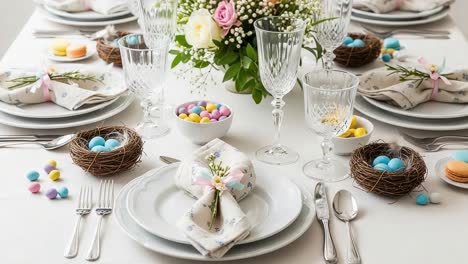 a beautifully set table for a spring celebration, featuring delicate nest-shaped decor and colorful candies, perfect for a festive gathering or holiday feast