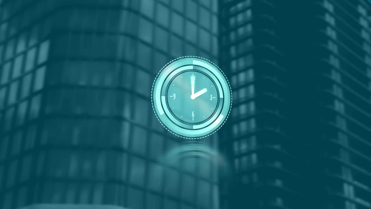 Animazione di orologio che si muove velocemente su edifici moderni su sfondo verde