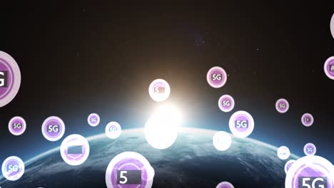 animación digital de múltiples textos 5g en círculos púrpuras contra un punto azul de luz sobre el globo