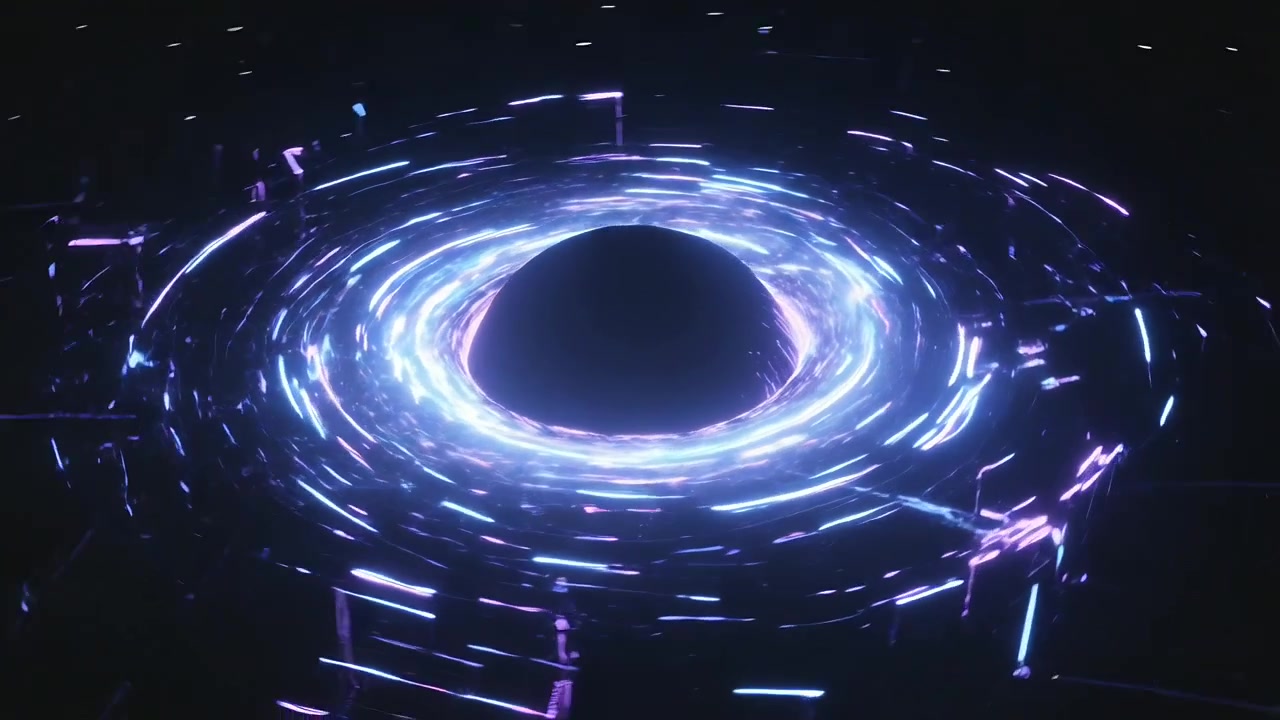 Changing frame causing glowing ring pulsing, rotating around central dark sphere in neon chamber