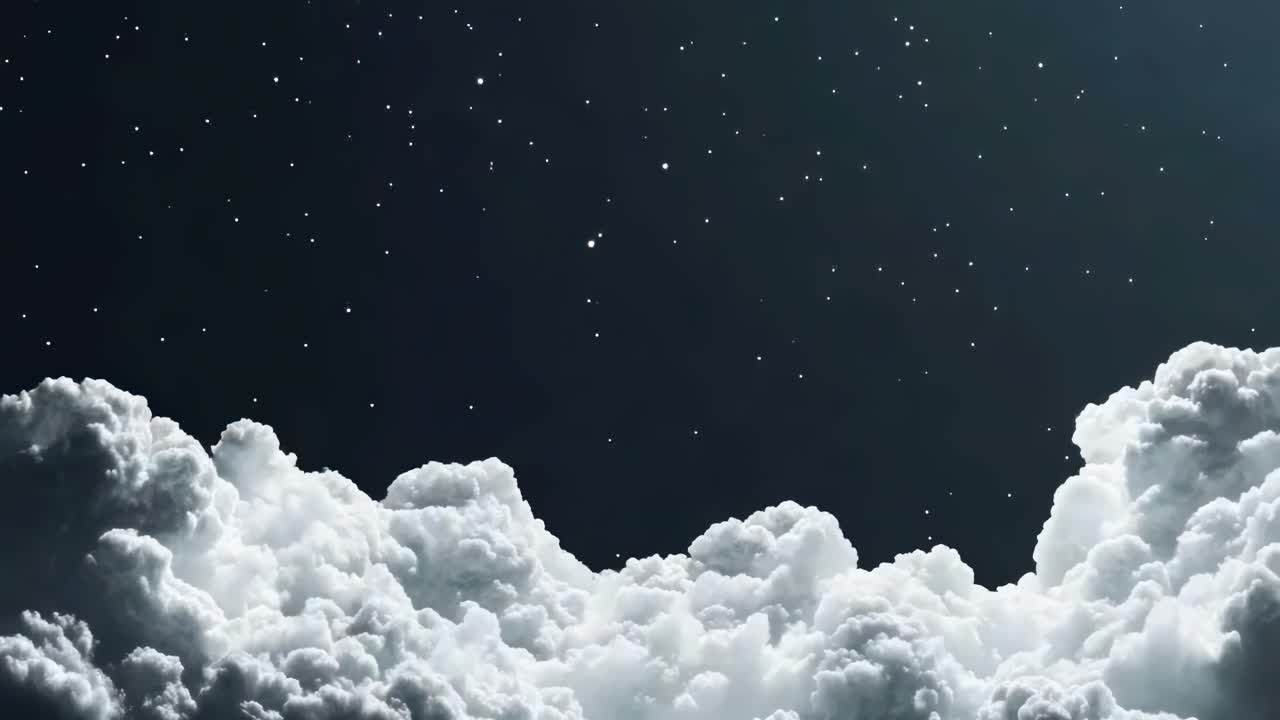 A serene video of fluffy clouds against a starry night sky, captured from a low angle