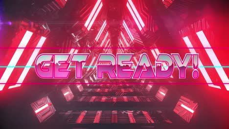 Animation-of-get-ready-text-banner-over-neon-red-glowing-tunnel-in-seamless-pattern