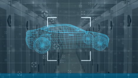 animación del dibujo digital del coche sobre la sala del servidor
