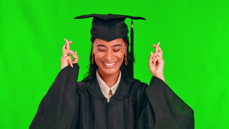 Hope,-graduation-and-face-of-woman-on-green-screen