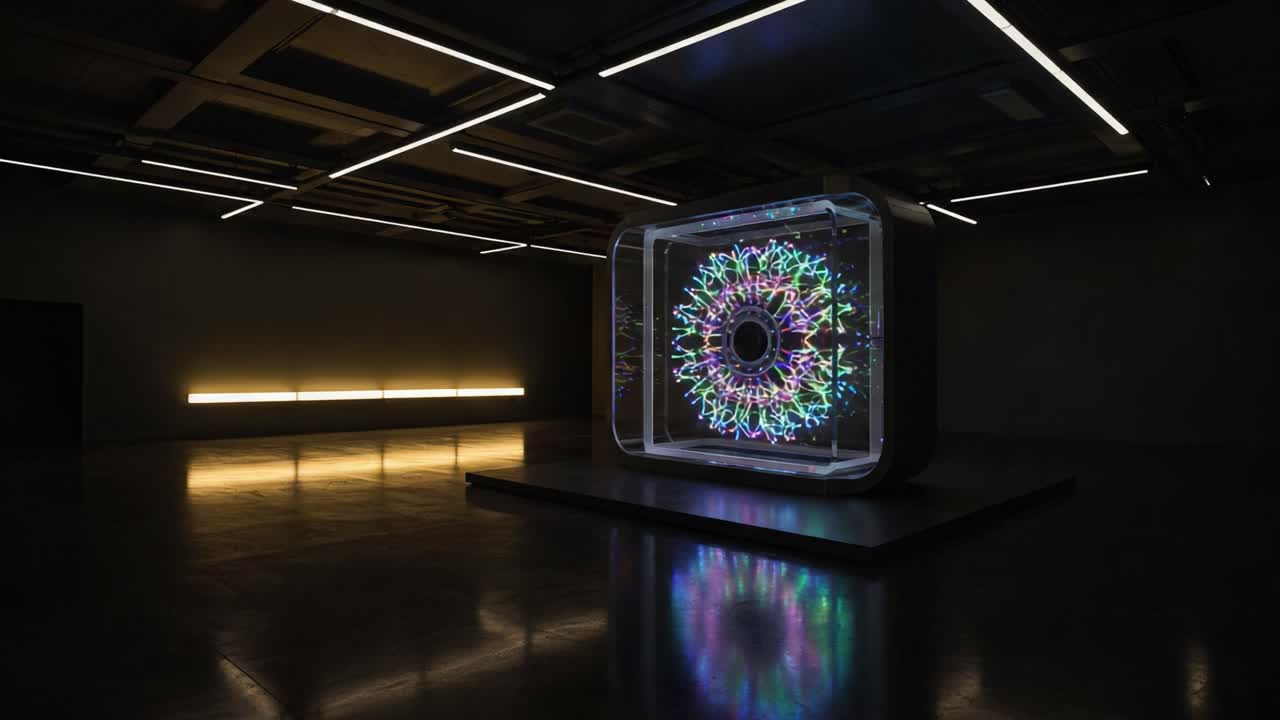 A Mesmerizing Interactive Light Installation Featuring an Intricate Geometric Design That Illuminates a Modern Space with Vibrant Colors and Dynamic Patterns
