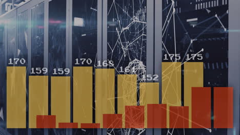 animación de barras de gráficos sobre bastidores de servidores de centros de datos con conexiones de red