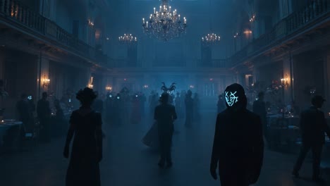 a mysterious masquerade ball with intriguing light-up masks in a grand, dimly lit ballroom, capturing elegance and enigma in every detail