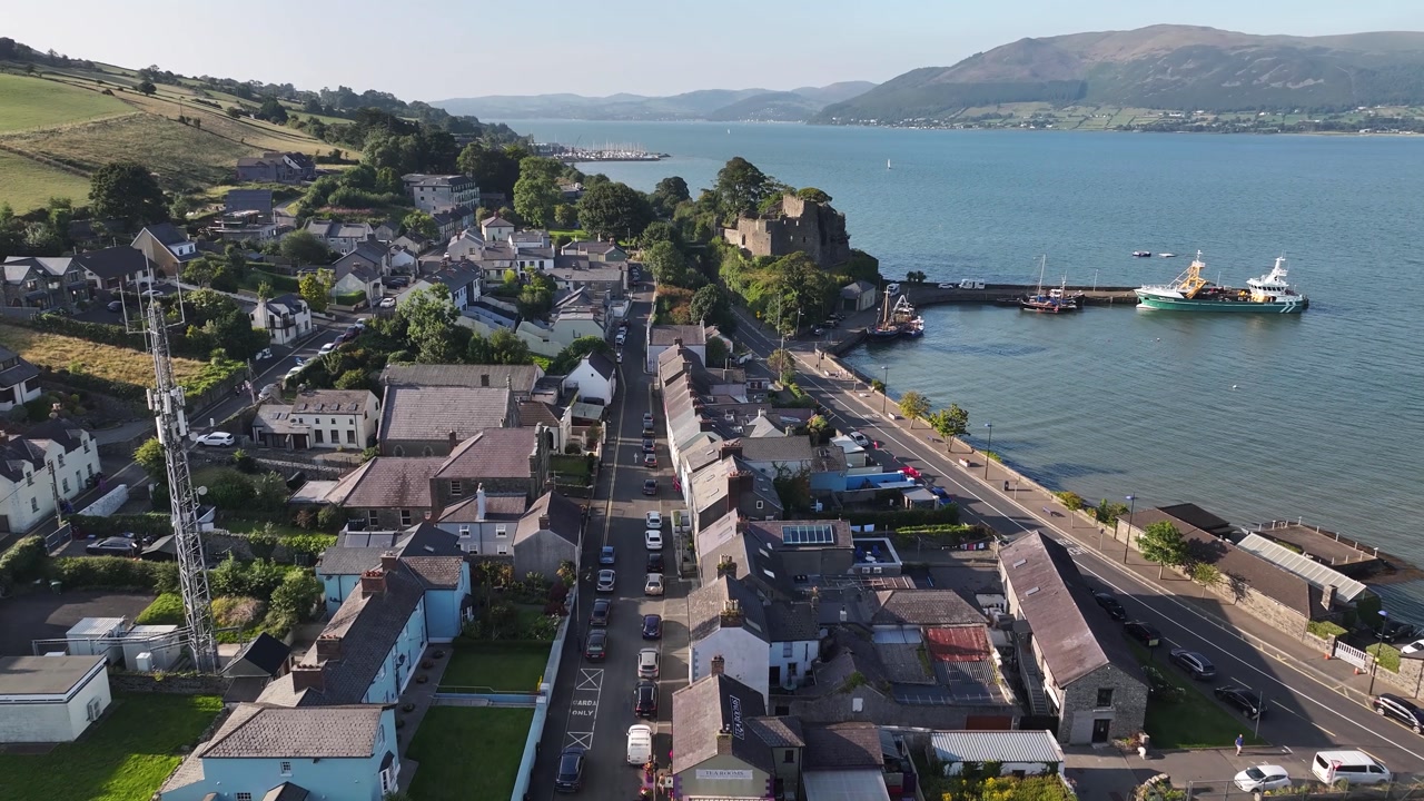 Carlingford, Ireland. Birds eye view over town to the Castle historical landmark.