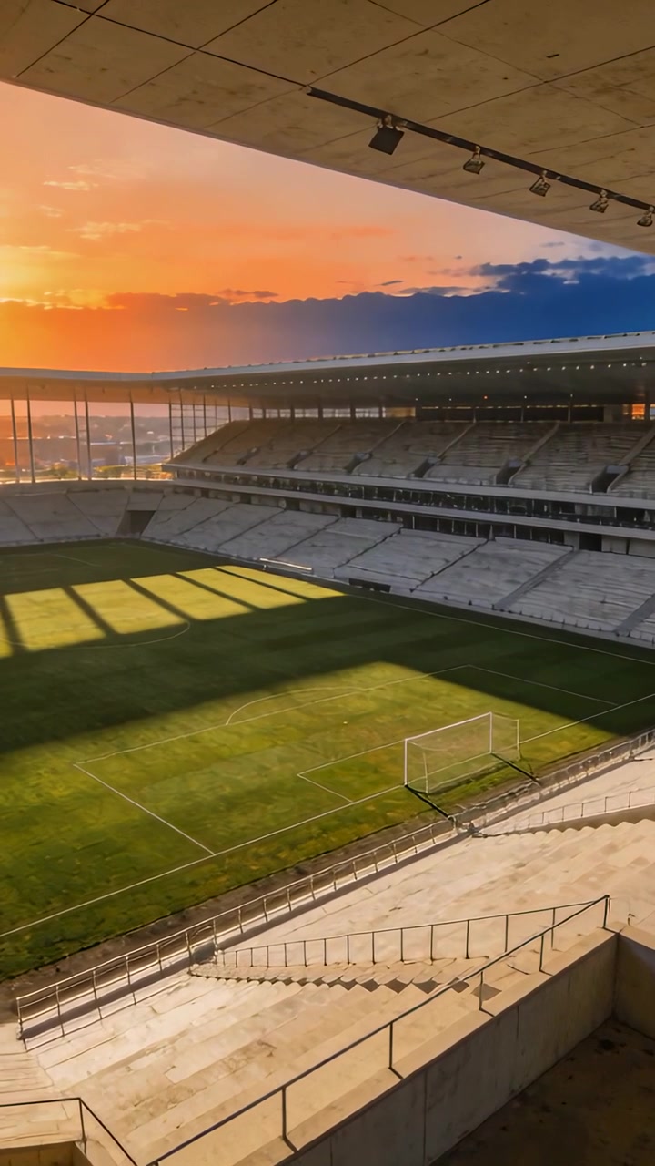Vertikales Video: Neigende Kamera zeigt leeren Fußballplatz im Stadion bei tiefem Sonnenuntergang, Tor sichtbar.