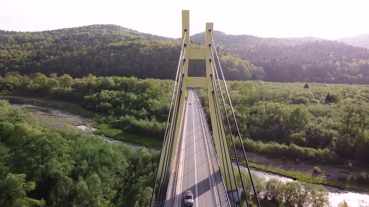 flying through cable-stayed bridge, drone shot