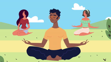 young interracial persons practicing yoga in the camp