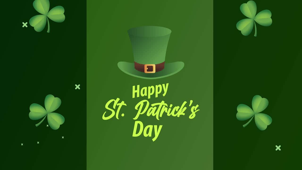 feliz día de san patricio con letras de duende, sombrero y tréboles.