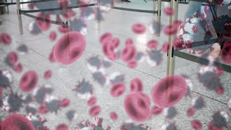 공항에서 걸어다니는 사람들 위에 떠다니는 거대한 코로나19와 혈액 세포의 애니메이션