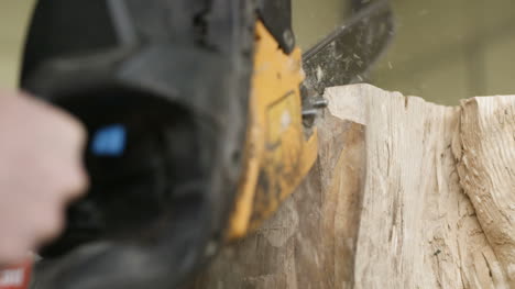 cutting through wood with chainsaw in slow motion