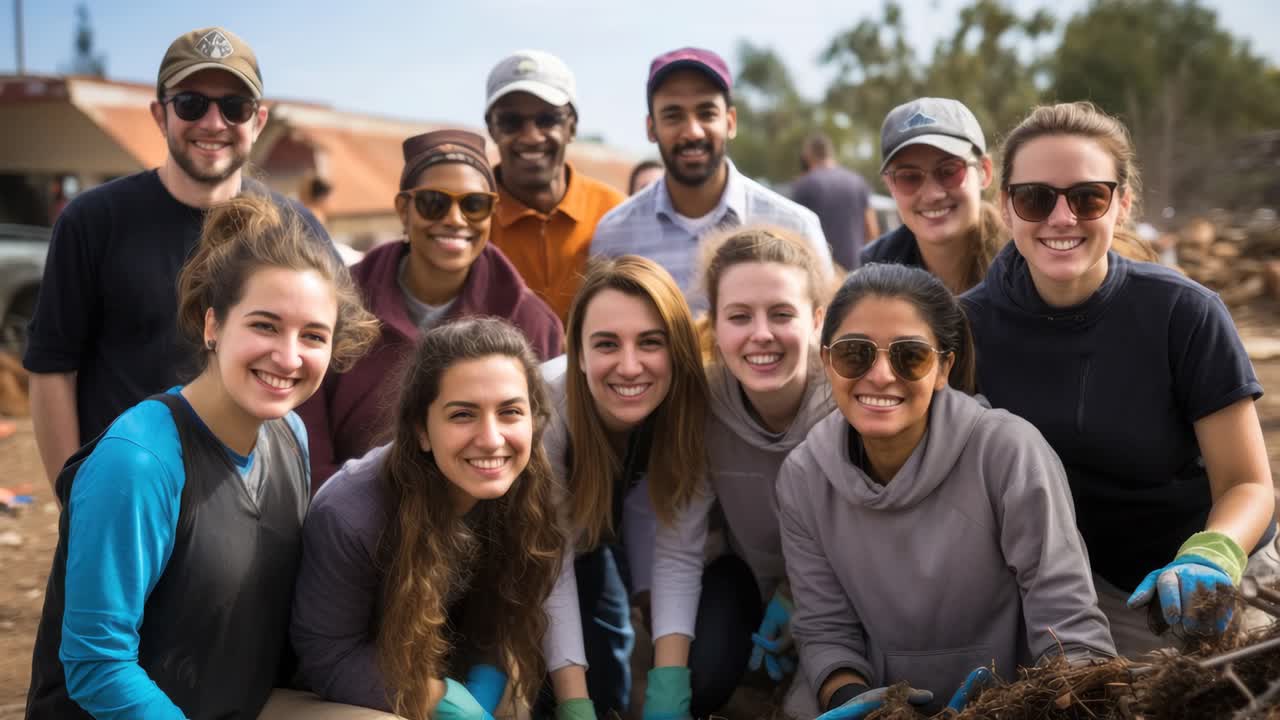 A diverse group of smiling volunteers pose outdoors, captured in a wide-angle shot
