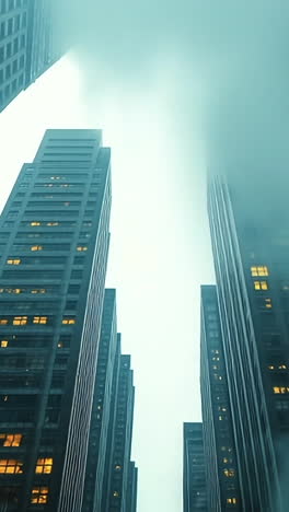 skyscrapers rise over a foggy cityscape. fog envelops tall buildings in a bustling city, creating a mysterious atmosphere as lights flicker in windows.