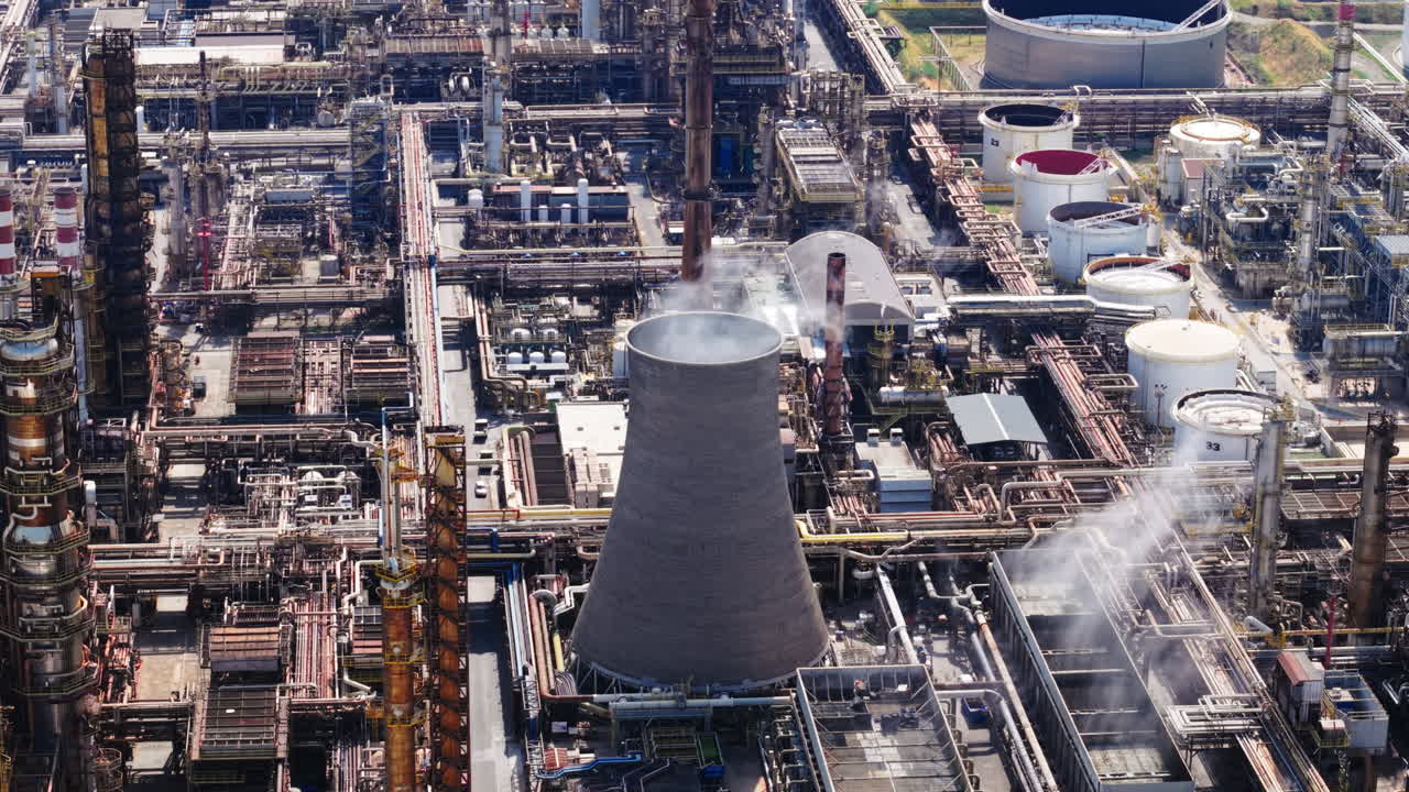 Drone orbit shot around a smoking chimney in a large oil refinery in Sicily, with surrounding tanks, pipes, and industrial structures