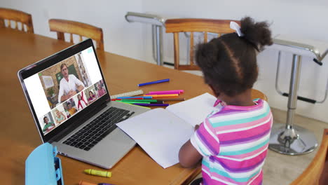 schoolgirl using laptop for online lesson at home, with diverse teacher and class on screen