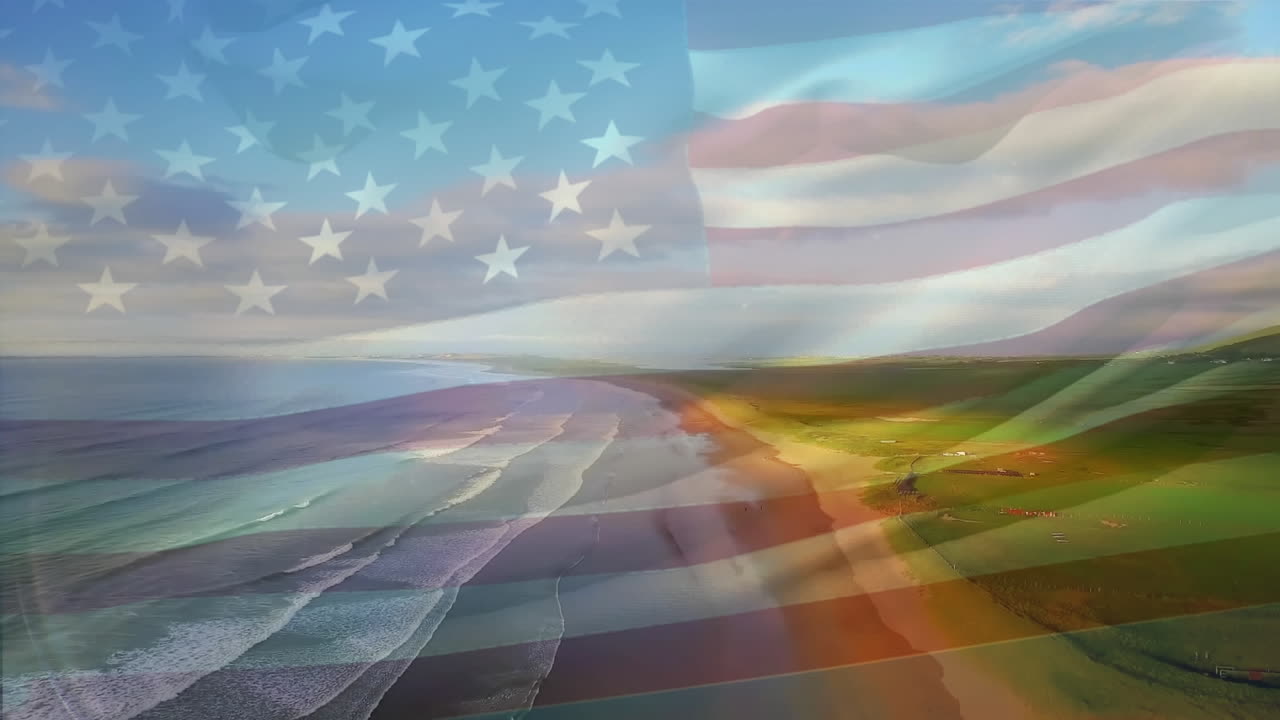 Animation du drapeau des États-Unis flottant au-dessus d'un paysage de plage.